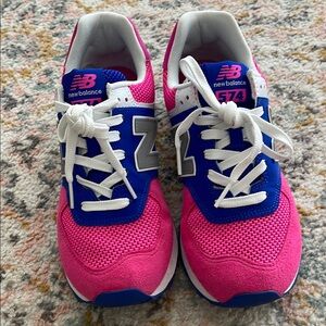 New Balance 574 Classics Pink and Blue Sneakers with Bold Design